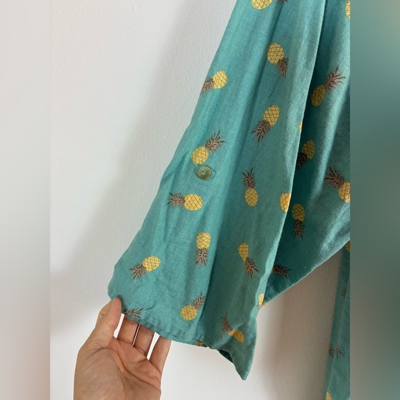 Catherines Tunic Top Womens 2X Pineapples Linen Blend Button Up Teal - Picture 4 of 7